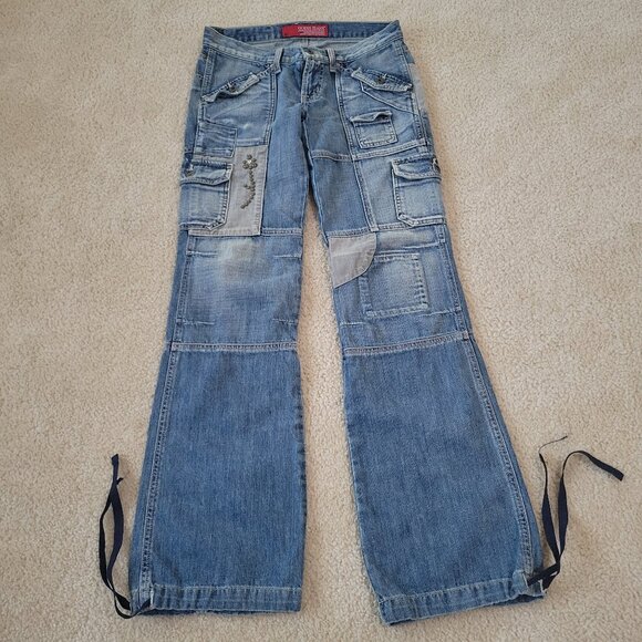 Vintage Guess Jeans 81 Y2K Woman’s Size 26 CARGO Wide leg Patch Studded Low rise - Picture 1 of 13